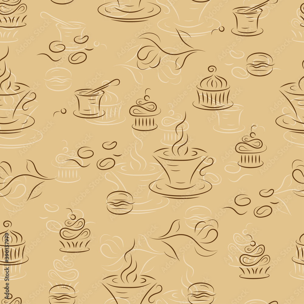 Dessert. Seamless pattern with coffee and sweets. Brown vintage background. Dessert. Seamless pattern with coffee and sweets. Brown vintage background.