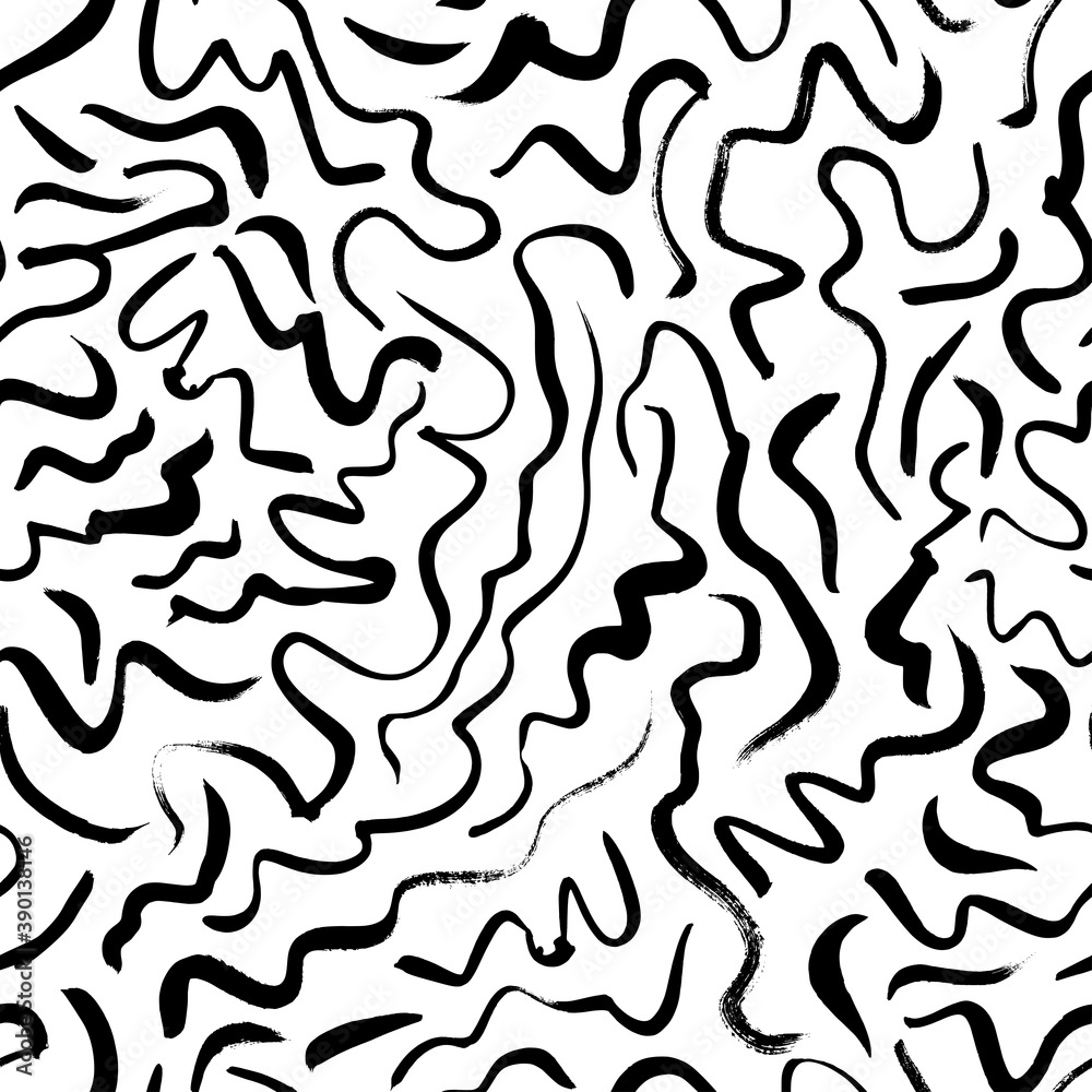 Wavy and swirled brush strokes vector seamless pattern. Doodle lines, black paint freehand scribbles, abstract ink background. Brushstrokes, smears, lines, squiggle pattern. Wallpaper design Wavy and swirled brush strokes vector seamless pattern. Doodle lines, black paint freehand scribbles, abstract ink background. Brushstrokes, smears, lines, squiggle pattern. Wallpaper design
