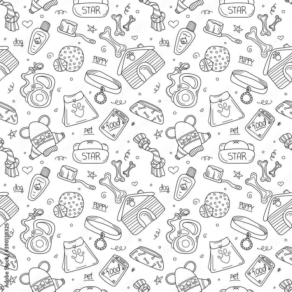 Seamless pattern of hand drawn doodle pet shop. Dog accessories elements: doghouse, food, leash, bone, care elements ets. Sketch style vector stock illustration isolated on white background.