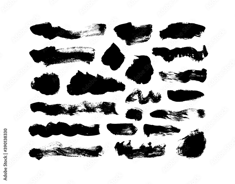 Vector black paint, ink brush strokes and lines. Dirty grunge design element, box or background for text. Grungy black smears and rough stains, lines. Hand drawn ink illustration isolated on white