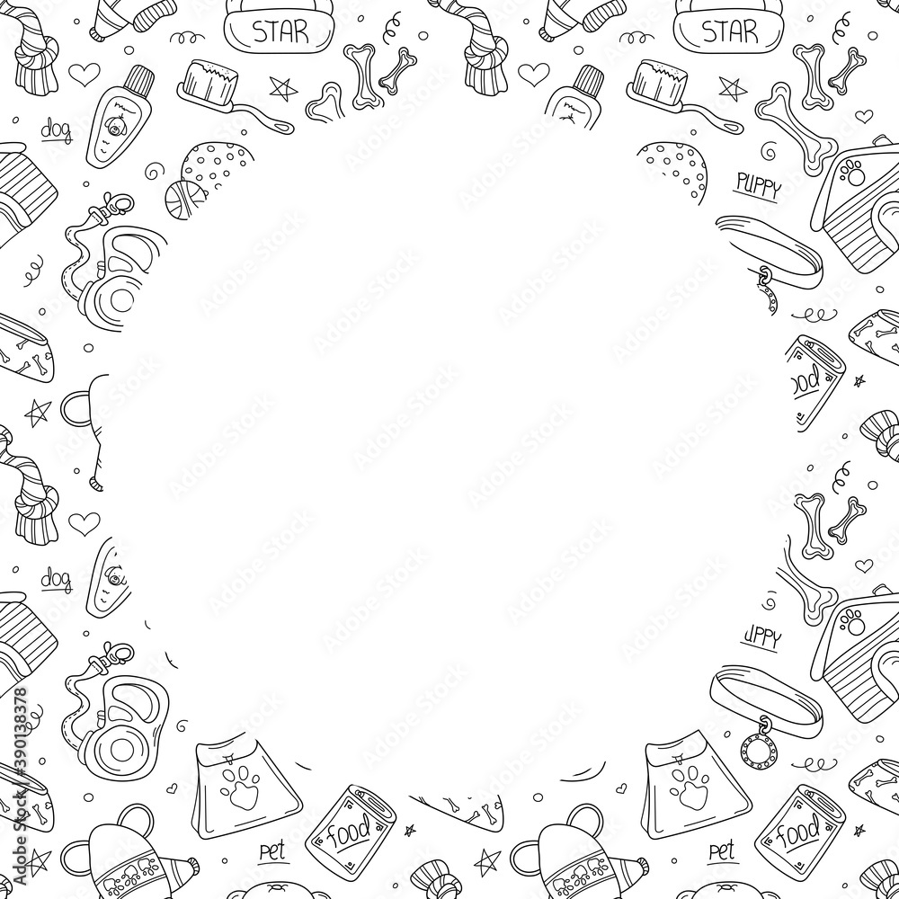 Hand drawn doodle template of pet shop. Dog accessories elements: doghouse, leash, bone, care elements ets. Sketch style vector stock illustration with space for text isolated on white background.