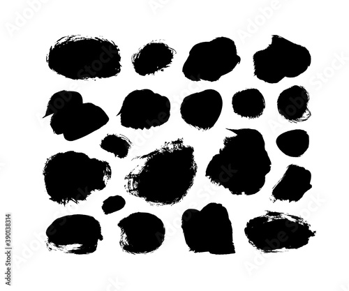 Vector black paint, ink brush strokes and shapes collection. Dirty grunge circles and dots, box or background for text. Grungy black smears and stain. Hand drawn ink illustration isolated on white