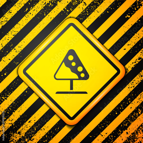 Black Road sign avalanches icon isolated on yellow background. Snowslide or snowslip rapid flow of snow down a sloping surface. Warning sign. Vector.
