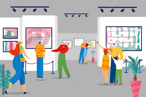 Exhibition at art gallery, woman man people in museum vector illustration. Culture painting picture, visitor look flat modern artwork. Cartoon contemporary exhibit exposition at public interior.