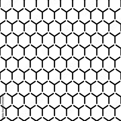 Repeated white interlocking regular hexagons tessellation background. Seamless surface pattern design with bee combs. Hexagonal grid motif. Honeycomb wallpaper. Black three pronged blocks. Vector.