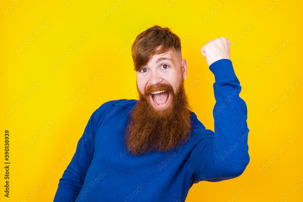 Overjoyed Young handsome red haired bearded man standing against yellow wall glad to receive good news, clenching fist and making winning gesture. Overjoyed Young handsome red haired bearded man standing against yellow wall glad to receive good news, clenching fist and making winning gesture.