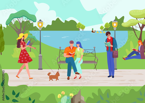 People relax at park nature, cartoon girl guy read book outdoor, vector illustration. Cartoon happy young man woman charcater at summer background. Flat tree, leisure, garden landscape.