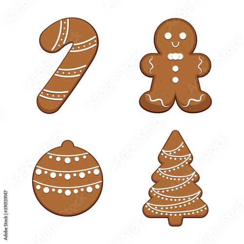 Set of 4 realistic gingerbread Christmas cookies. Vector illustration.