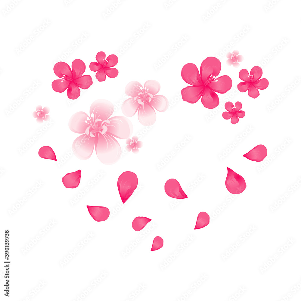Valentines day card. Pink flying petals and flowers. Heart shaped flowers. Vector