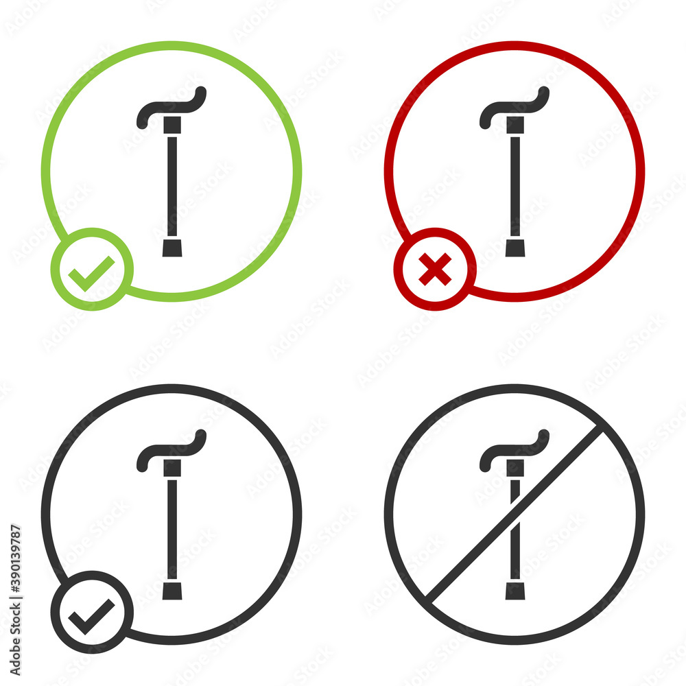 Black Walking stick cane icon isolated on white background. Circle button. Vector. Black Walking stick cane icon isolated on white background. Circle button. Vector.