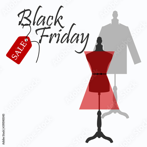 Concept for Black Friday. Image of a mannequin on a white background with the words black Friday and sale. Graphic printing for textiles and fabrics, packaging paper, banners, flyers, invitations.