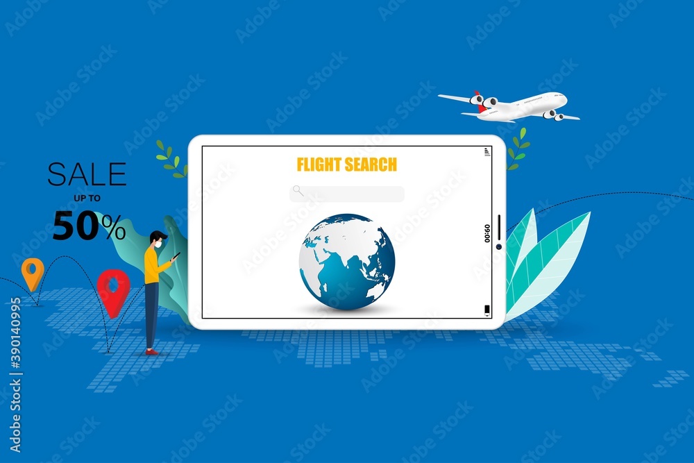 Business concept of online booking, young man hold a smartphone to search for a flight in blue color background.