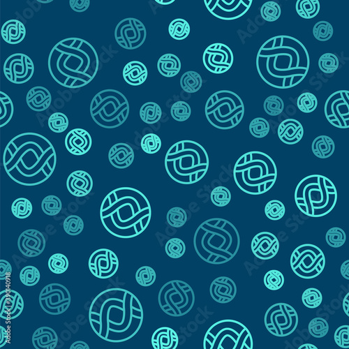 Green line DNA symbol icon isolated seamless pattern on blue background. Genetic engineering, genetics testing, cloning, paternity testing. Vector.