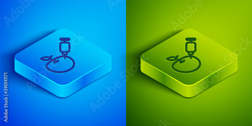 Isometric line Genetically modified apple icon isolated on blue and green background. GMO fruit. Syringe being injected to apple. Square button. Vector.