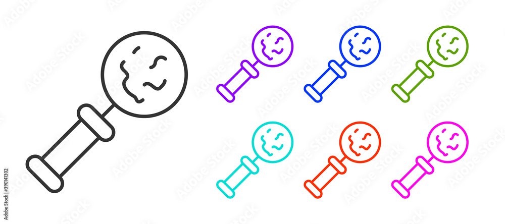Black line Microorganisms under magnifier icon isolated on white background. Bacteria and germs, cell cancer, microbe, virus, fungi. Set icons colorful. Vector. Black line Microorganisms under magnifier icon isolated on white background. Bacteria and germs, cell cancer, microbe, virus, fungi. Set icons colorful. Vector.