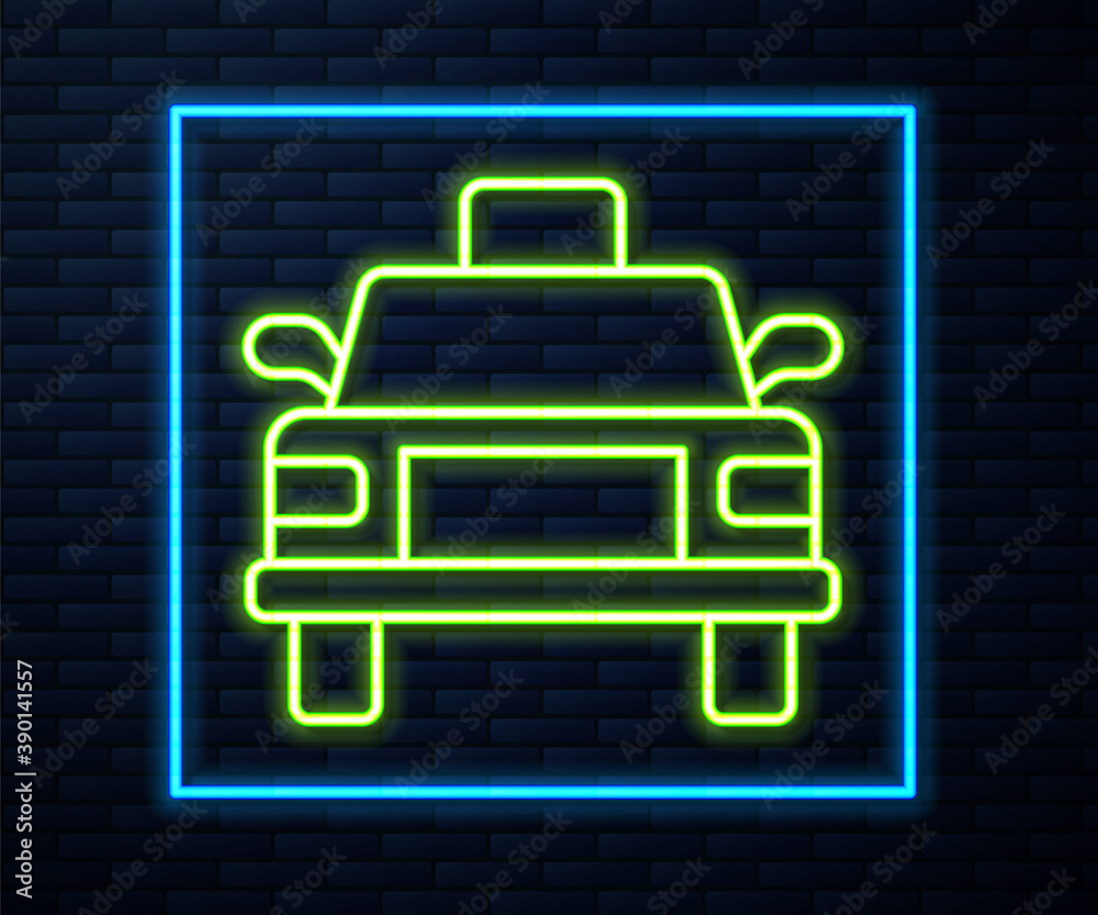 Glowing neon line Taxi car icon isolated on brick wall background. Vector. Glowing neon line Taxi car icon isolated on brick wall background. Vector.