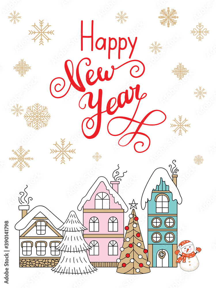 Vector Christmas illustration with winter houses and snowflakes isolated on white background. Lettering happy New Year. For greeting, invitation, stickers, decor,design, congratulation cards,print