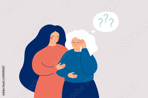 Memory loss concept. Senior woman has a mental disorder or amnesia. Nurse or social worker supports mature female with dementia. Vector illustration photo