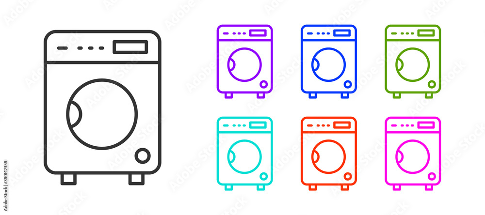 Black line Washer icon isolated on white background. Washing machine icon. Clothes washer - laundry machine. Home appliance symbol. Set icons colorful. Vector. Black line Washer icon isolated on white background. Washing machine icon. Clothes washer - laundry machine. Home appliance symbol. Set icons colorful. Vector.