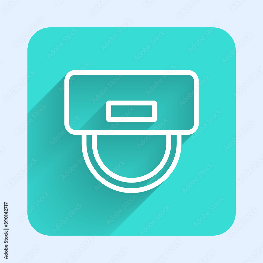 White line Bellboy hat icon isolated with long shadow. Hotel resort service symbol. Green square button. Vector. White line Bellboy hat icon isolated with long shadow. Hotel resort service symbol. Green square button. Vector.