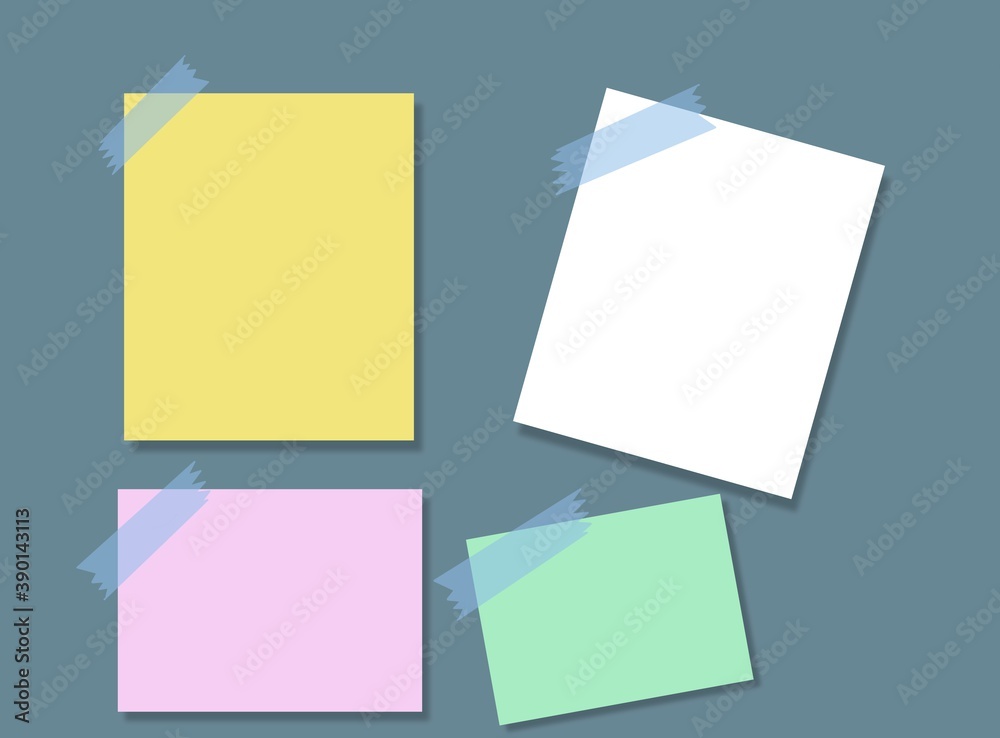 Paper notes with adhesive tape on gray background, vector illustration