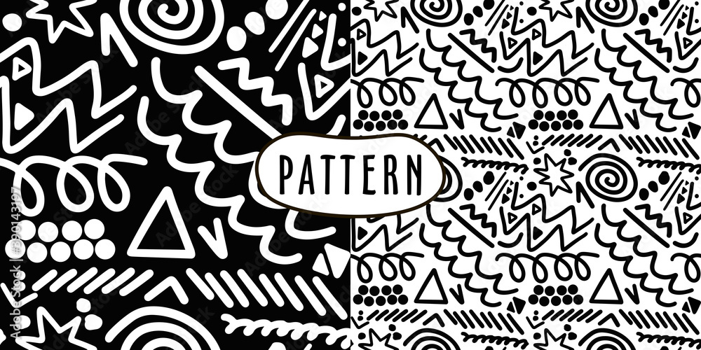 Cute simple pattern with different hand painted elements. Doodle. Vector seamless template background black and white. Monochrome memphis style illustration. Cute simple pattern with different hand painted elements. Doodle. Vector seamless template background black and white. Monochrome memphis style illustration.
