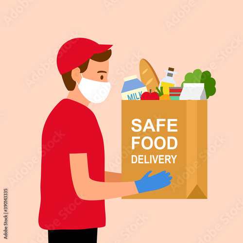 Safe food delivery service concept vector illustration. Delivery man wearing medical mask and holding grocery food for customer. Online order meal.