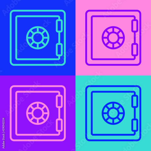 Pop art line Safe icon isolated on color background. The door safe a bank vault with a combination lock. Reliable Data Protection. Vector.