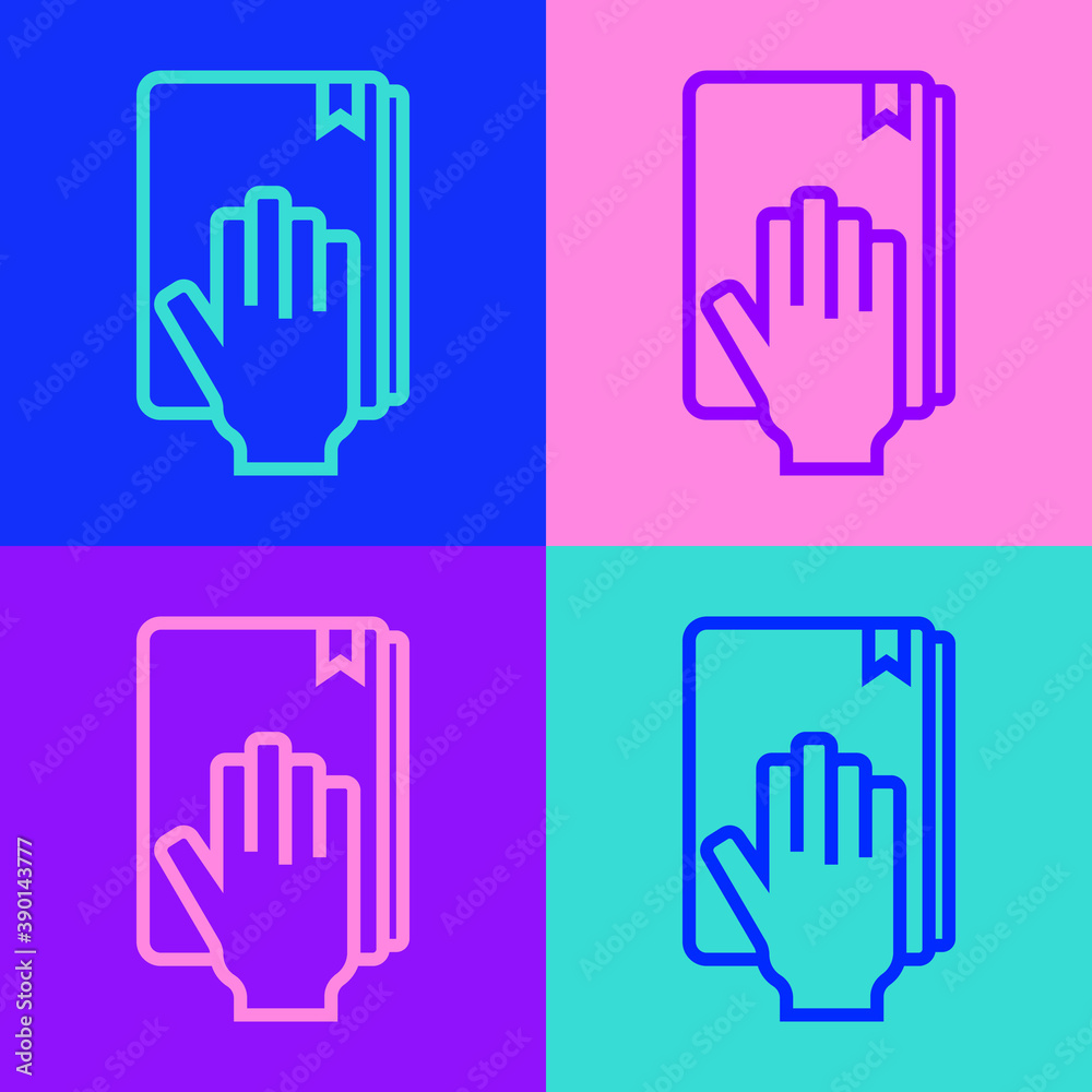 Pop art line Oath on the Holy Bible icon isolated on color background. The procedure in court. Truth and truth. Promise before god. Vector. Pop art line Oath on the Holy Bible icon isolated on color background. The procedure in court. Truth and truth. Promise before god. Vector.