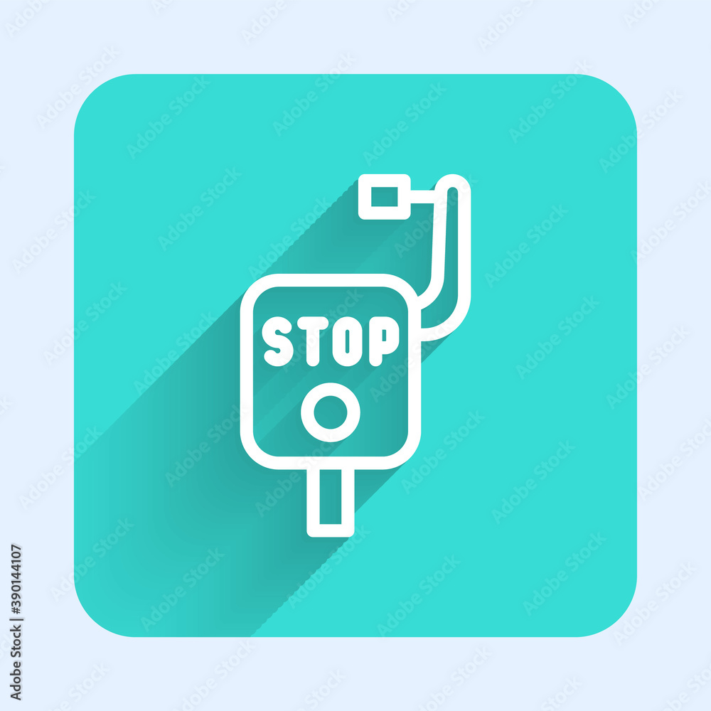 White line Emergency brake icon isolated with long shadow. Green square button. Vector.