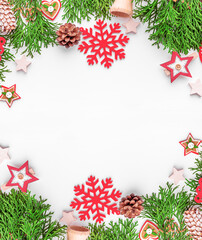 New Year festive background from decorations on a white background. New Year card.