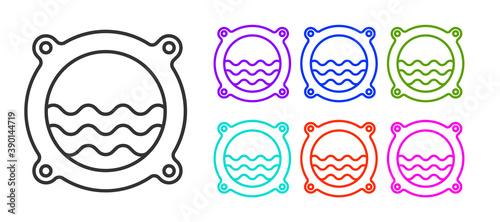 Black line Ship porthole with rivets and seascape outside icon isolated on white background. Set icons colorful. Vector.