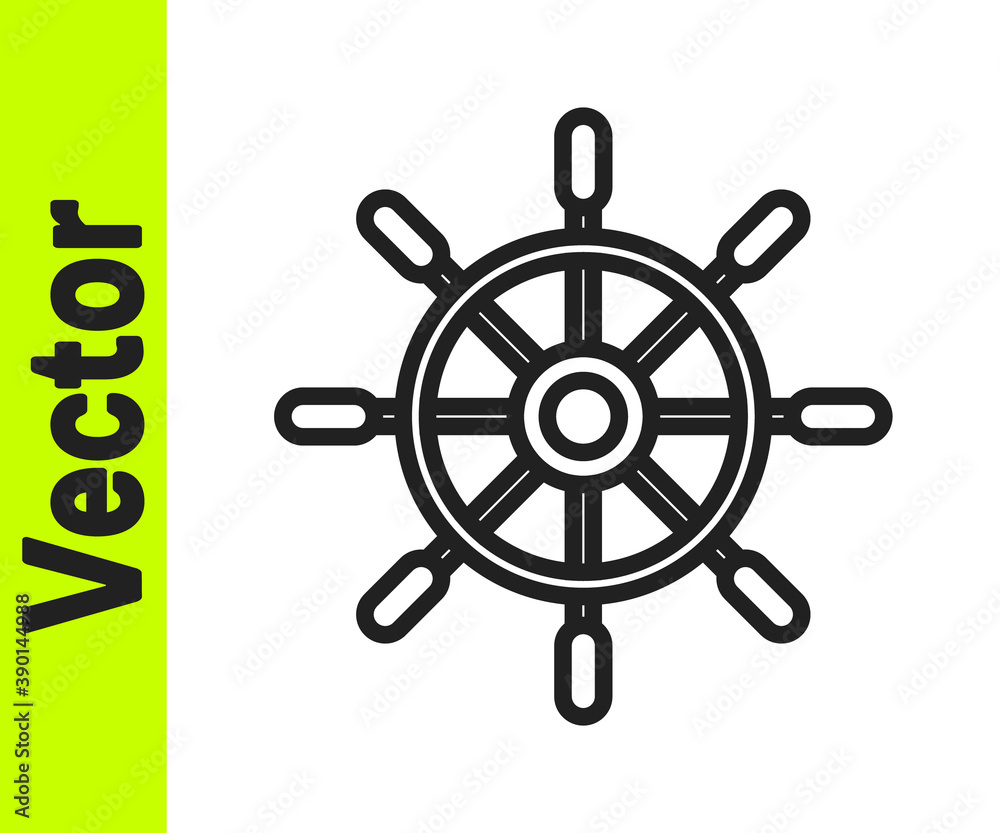 Fototapeta premium Black line Ship steering wheel icon isolated on white background. Vector.