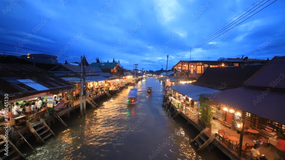Floating market food at night in the river at Amphawa, Samut Songkhram Province, Thailand.