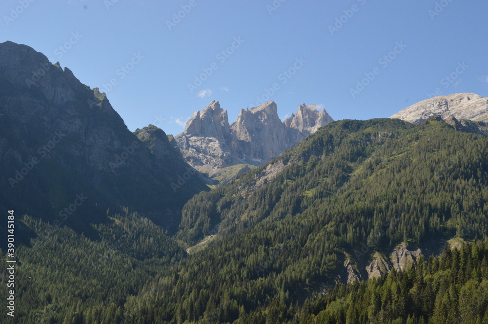Fototapeta premium Hiking in the lush and dramatically beautiful Val di Fiemme and Passo Rollo in the Dolomites, Northern Italy