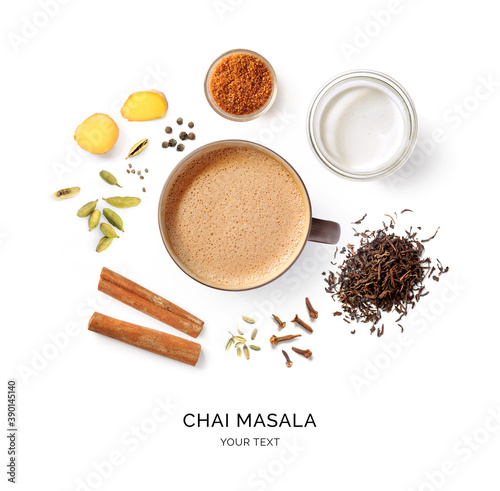 Creative layout made of chai masala on a white background. Top view. Indian drink. Black tea with milk and species. 