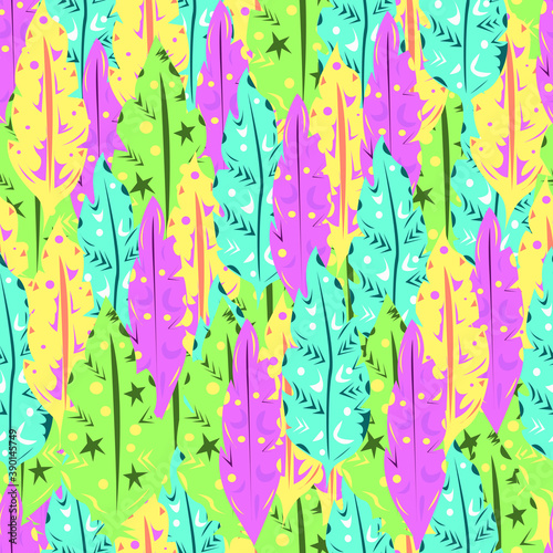 Seamless pattern with bright and colorful feathers