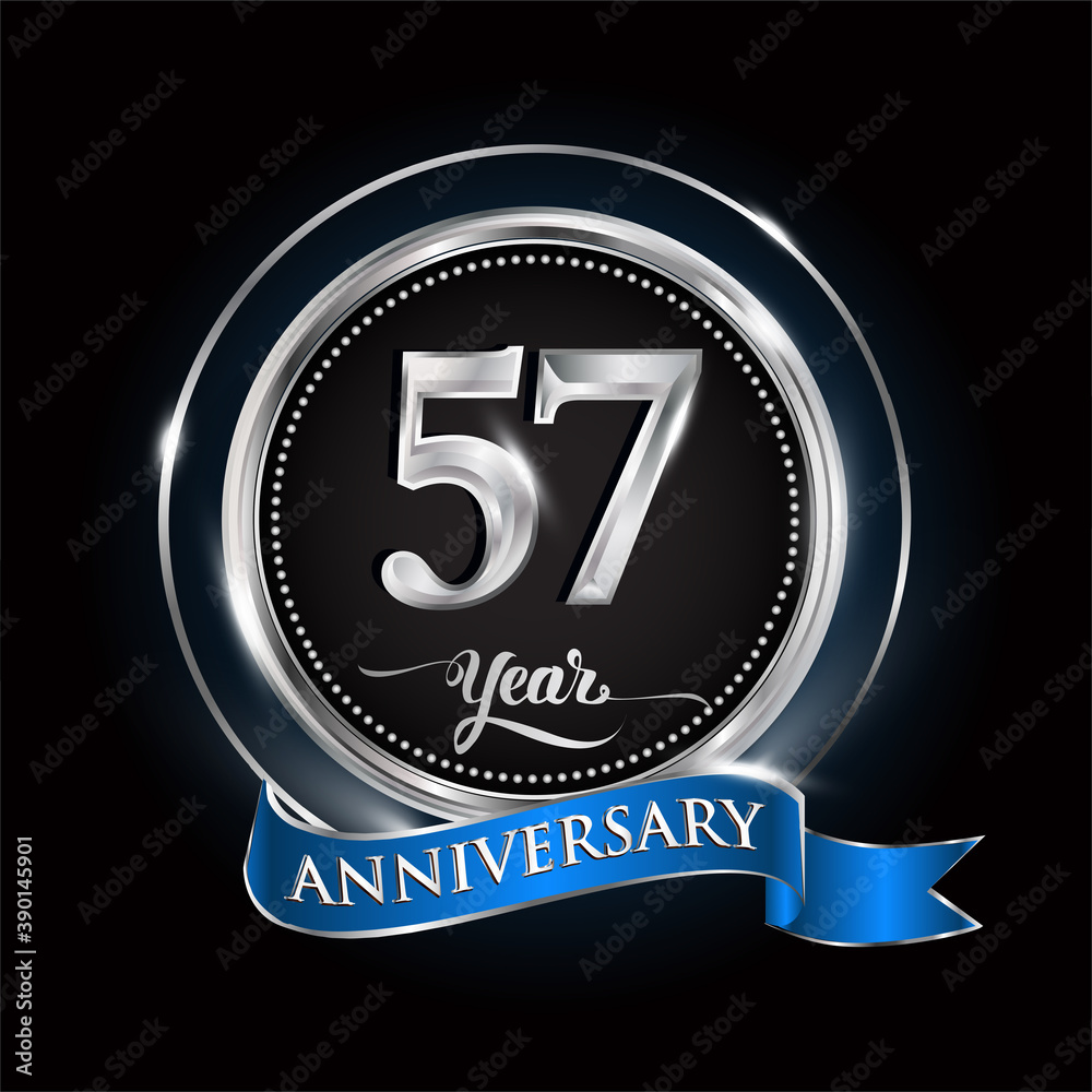 Celebrating 57th years anniversary logo. with silver ring and blue ribbon. Celebrating 57th years anniversary logo. with silver ring and blue ribbon.