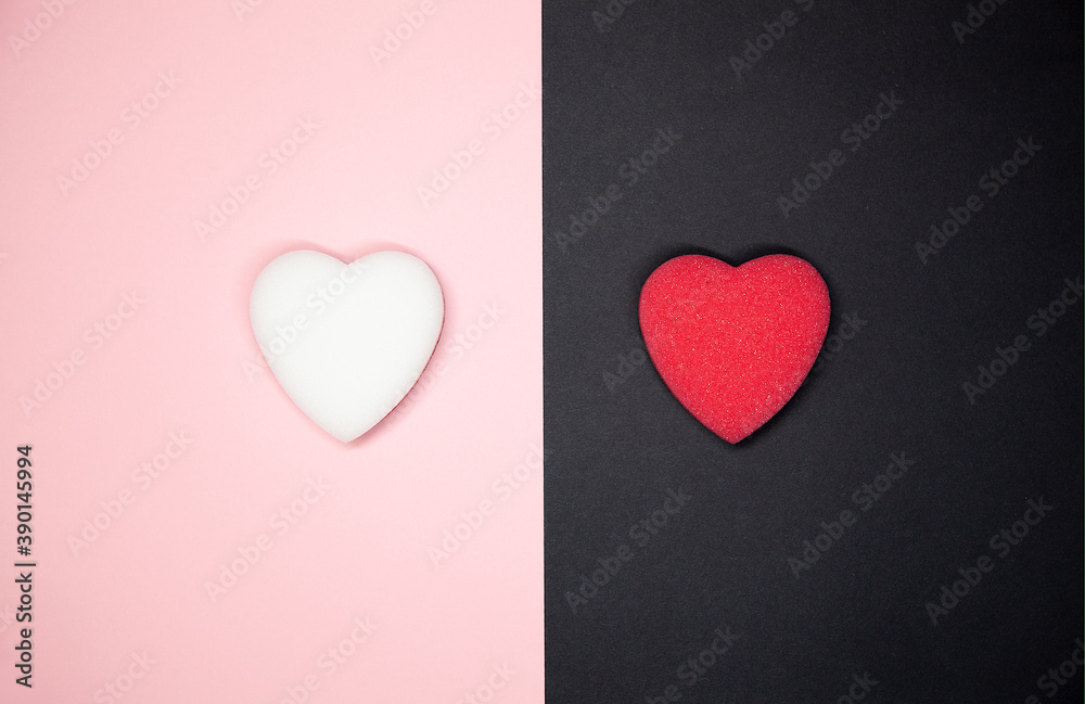 Flat Lay Of White And Red Cleaning Sponge Hearts. I love Homework, valentine's day and love Concept.	