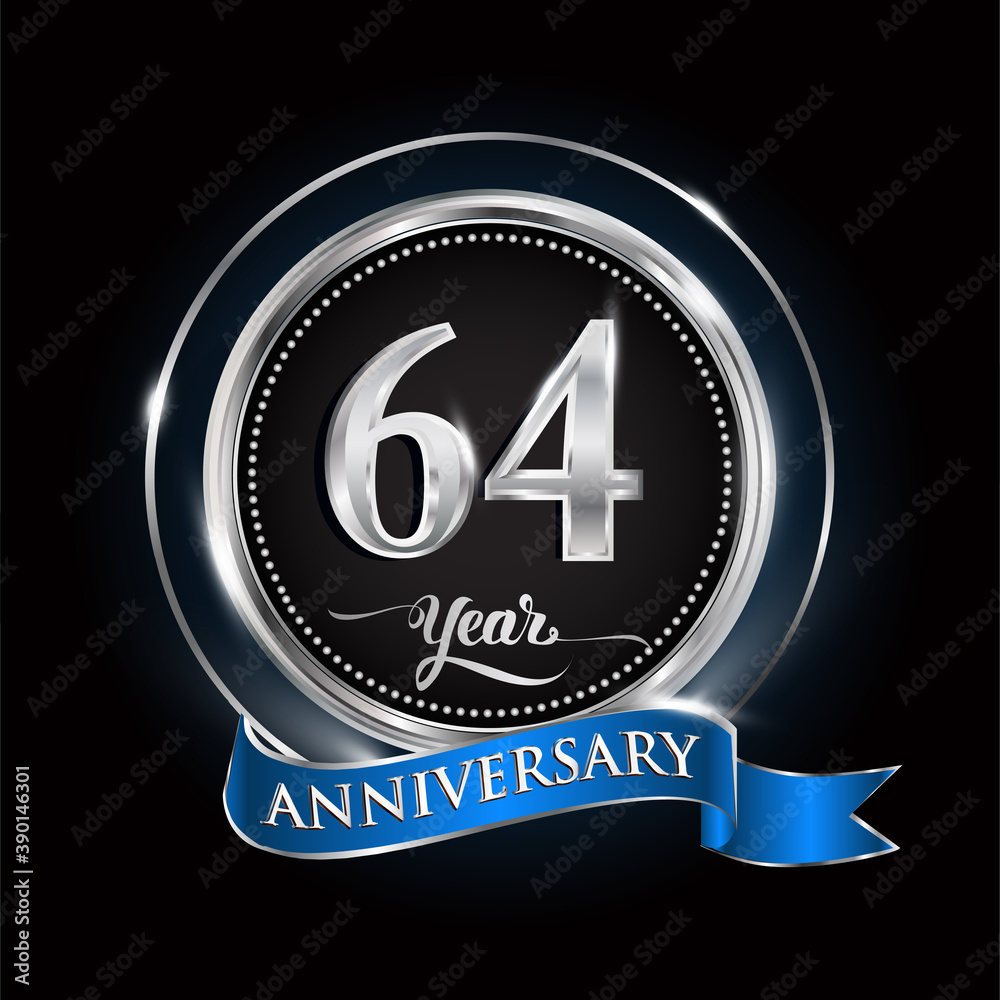 Celebrating 64th years anniversary logo. with silver ring and blue ribbon. Celebrating 64th years anniversary logo. with silver ring and blue ribbon.