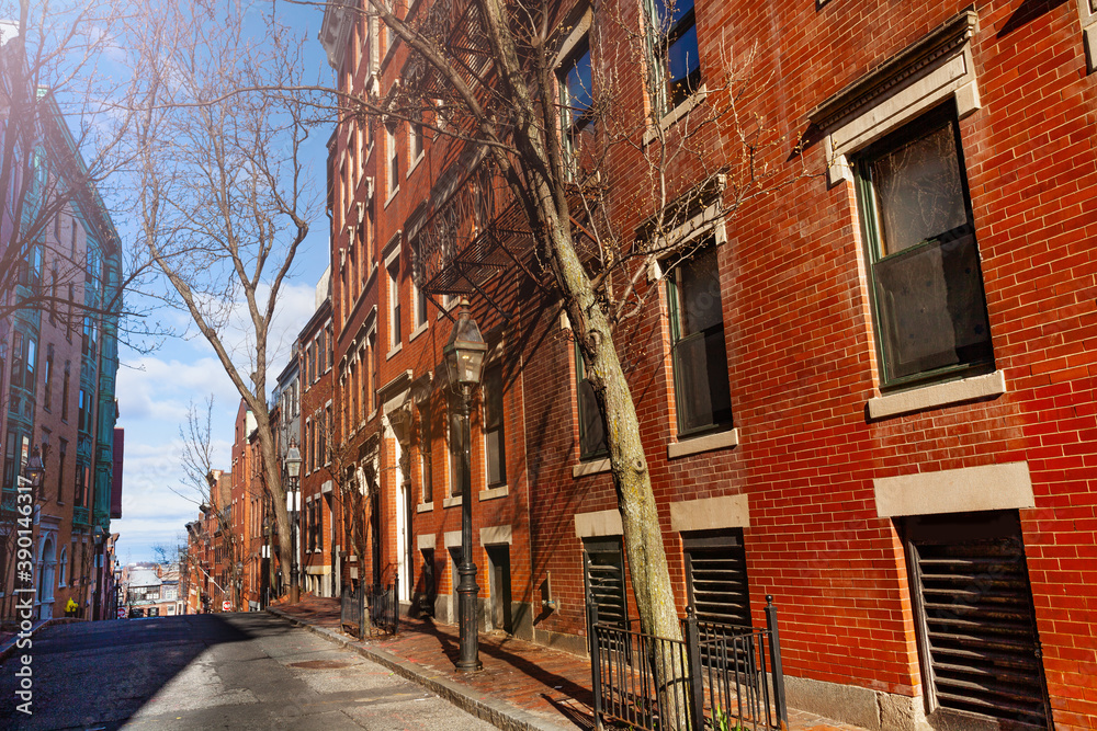 Downtown street of Boston New England quartier with panorama view, Massachusetts, USA