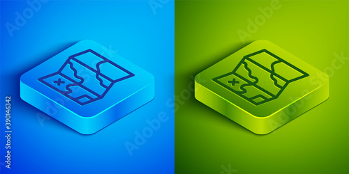 Isometric line Folded map icon isolated on blue and green background. Square button. Vector.