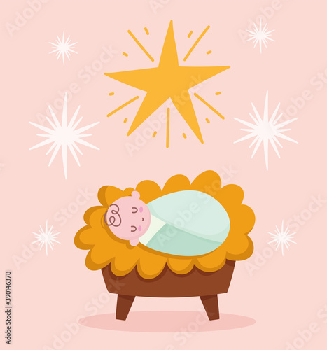 nativity, manger cute baby jesus in crib and star cartoon