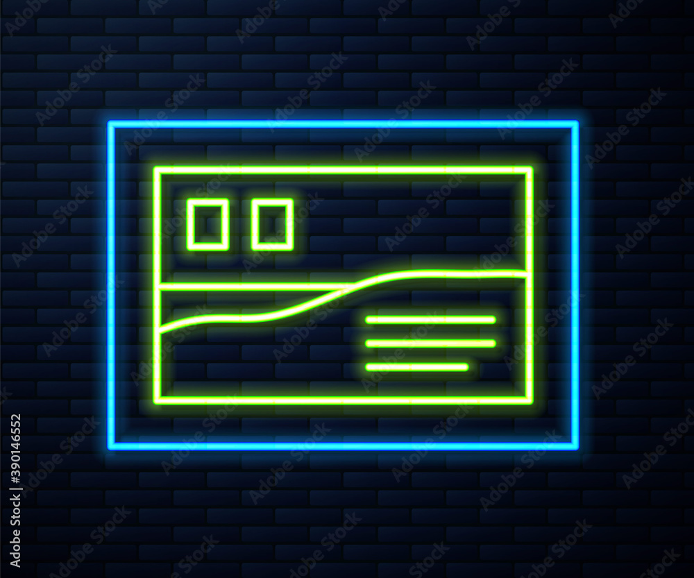 Glowing neon line Postcard travel icon isolated on brick wall background. Vector. Glowing neon line Postcard travel icon isolated on brick wall background. Vector.