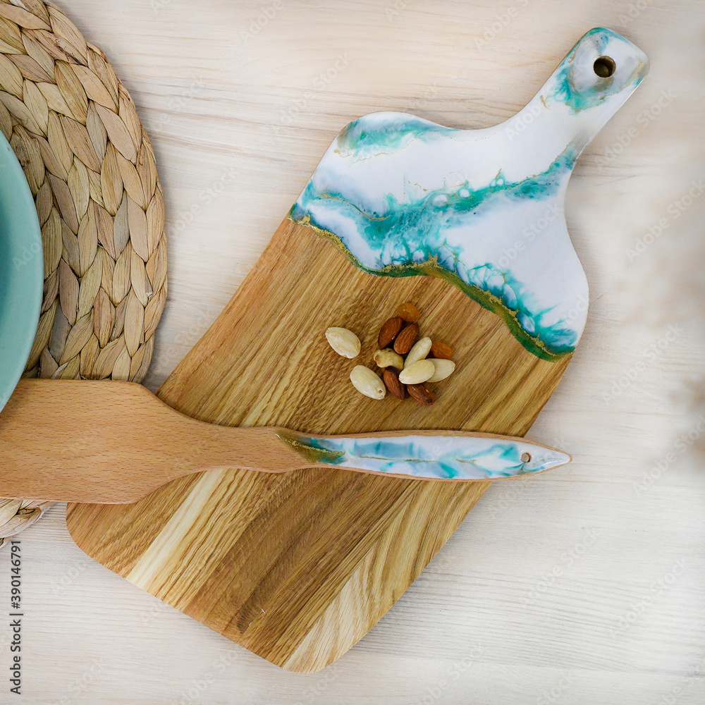 Epoxy resin, art, resin painting, board, kitchen, shovel, brooch Stock