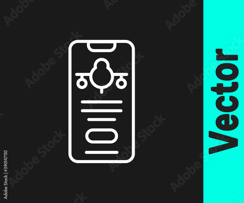 White line Smartphone with electronic boarding pass airline ticket icon isolated on black background. Passenger plane mobile ticket for web and app. Vector.