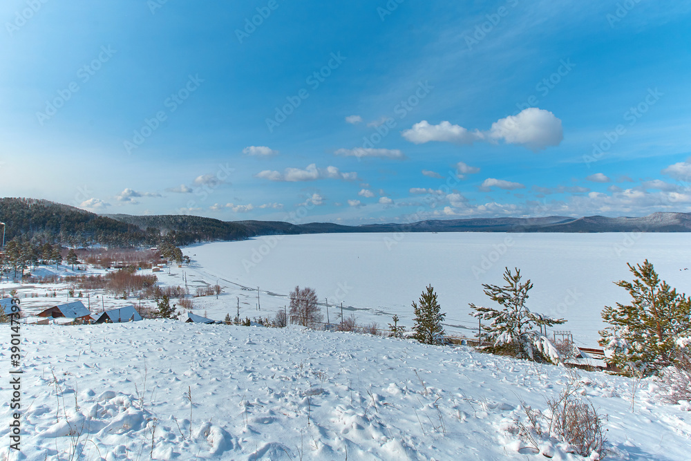A view of the lake Turgoyak in the winter. Chelyabinsk region, Miass city