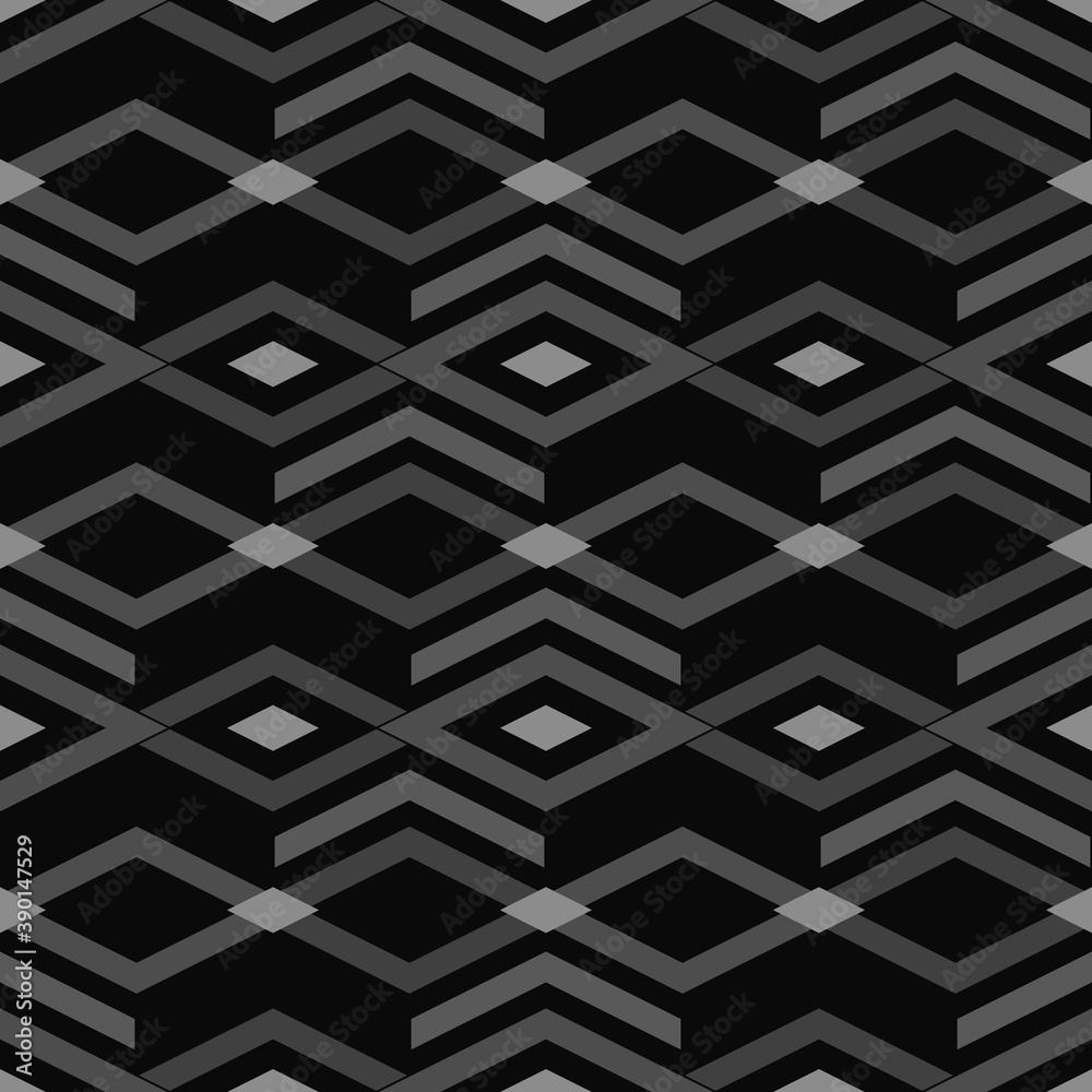 Repeated grey figures on black background. Ethnic wallpaper. Seamless surface pattern design with rhombuses and brackets ornament. Diamonds motif. Digital paper for textile print, web designing. Repeated grey figures on black background. Ethnic wallpaper. Seamless surface pattern design with rhombuses and brackets ornament. Diamonds motif. Digital paper for textile print, web designing.