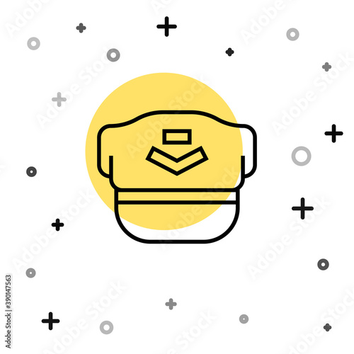 Black line Pilot hat icon isolated on white background. Random dynamic shapes. Vector.