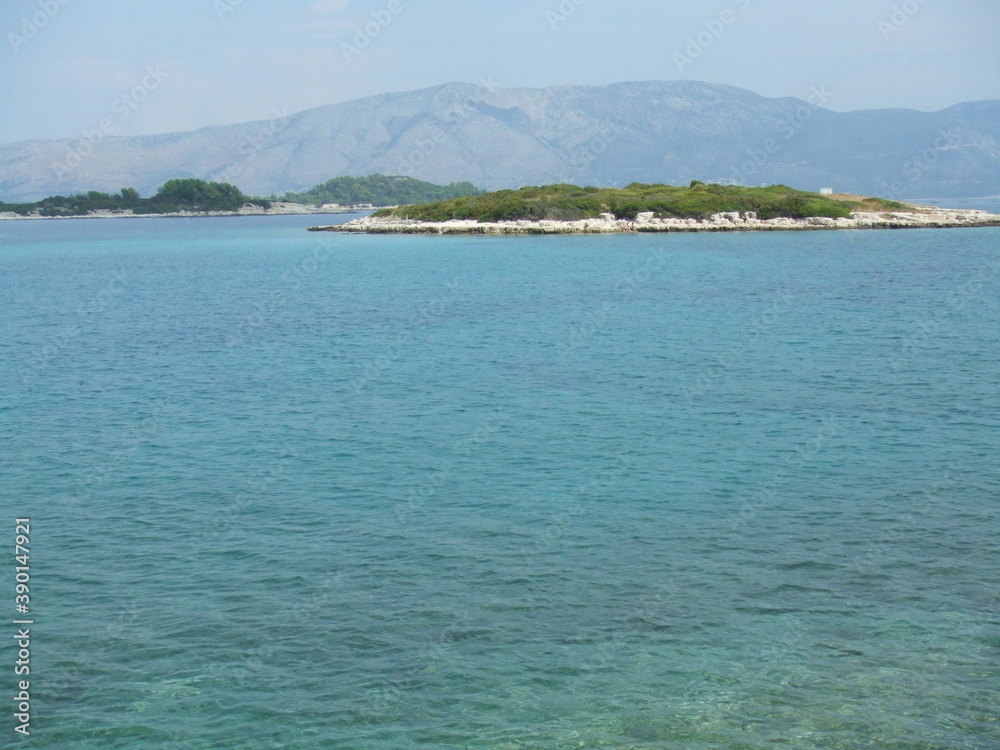 The beautiful Adriatic Sea surrounded by the Dalmatian Mountains, in Korcula, Croatia.